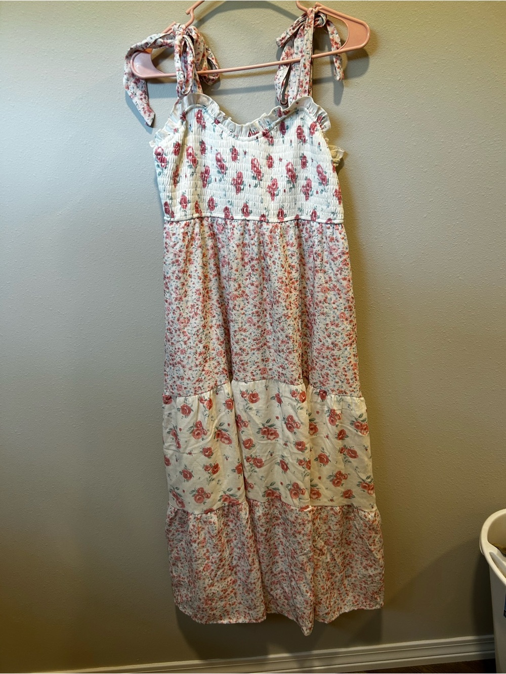 Trixxi White Floral Smocked Top with Pink and Green Print